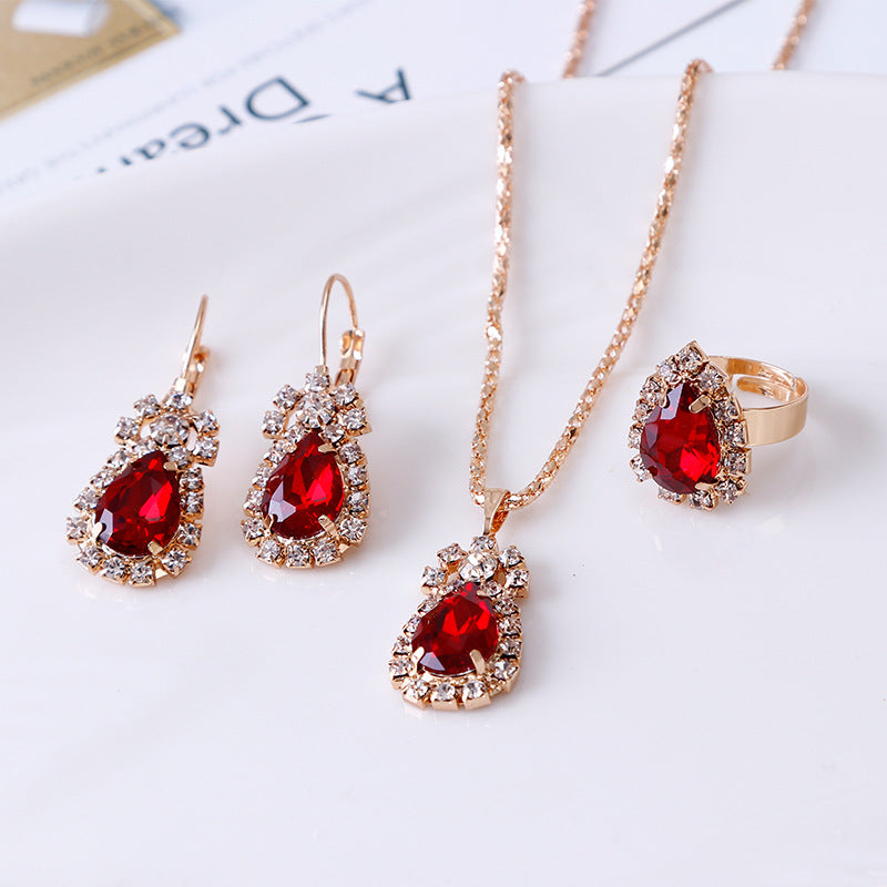 Water Drop Rhinestone Jewelry Set β Necklace, Earrings & Ring - Oria Jewel