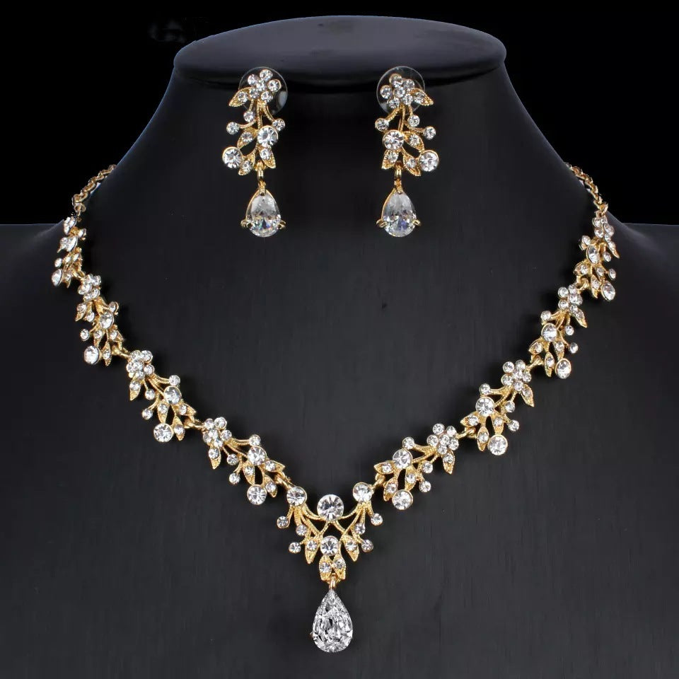 Gold Zircon Bridal Jewelry Set – Wedding Necklace & Earrings - Oria Jewel