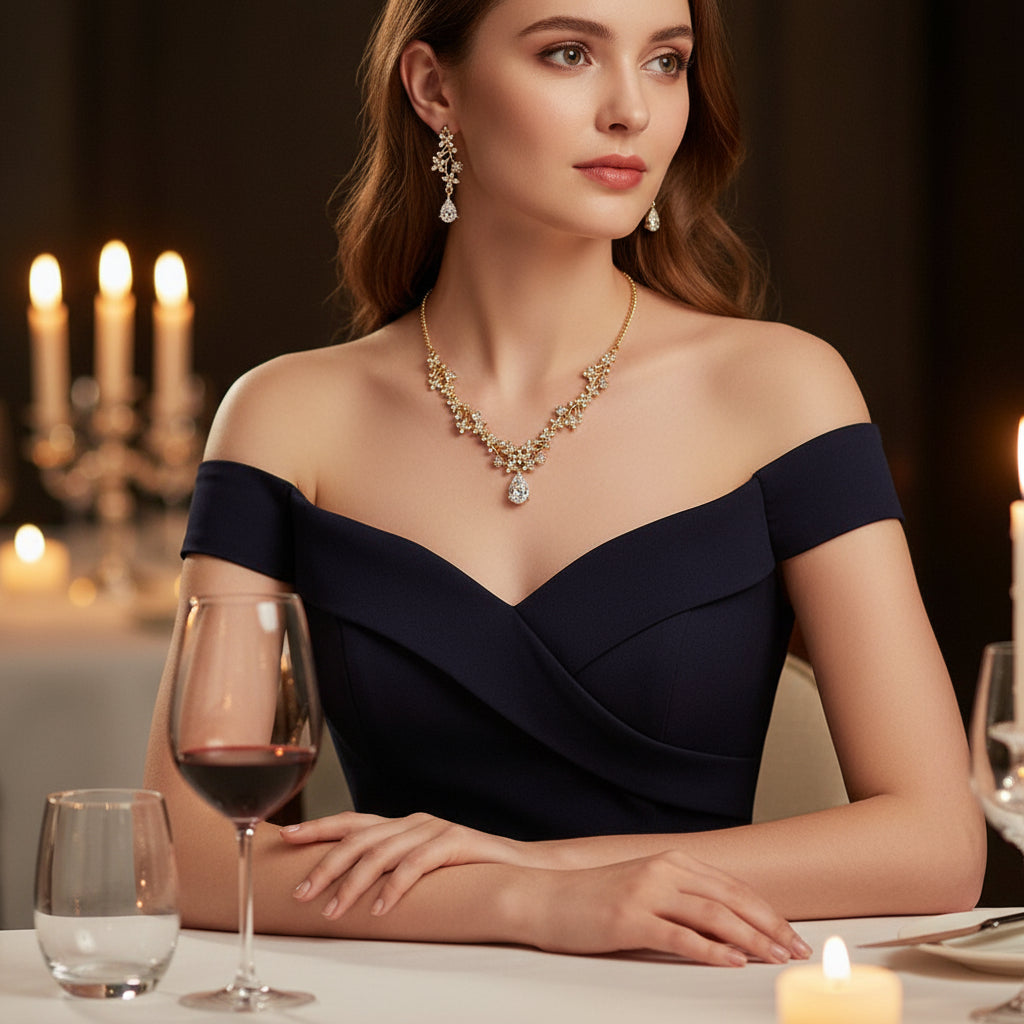 Elegant woman wearing off-the-shoulder dress with a Golden Crystal Set necklace and earrings, dining with candles | Oria Jewel