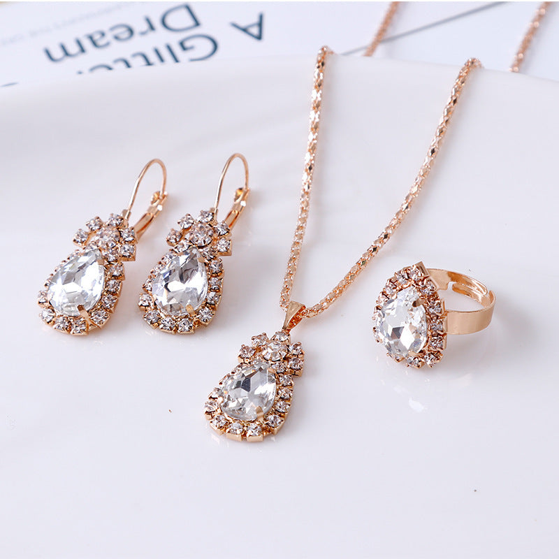 Water Drop Rhinestone Jewelry Set β Necklace, Earrings & Ring - Oria Jewel