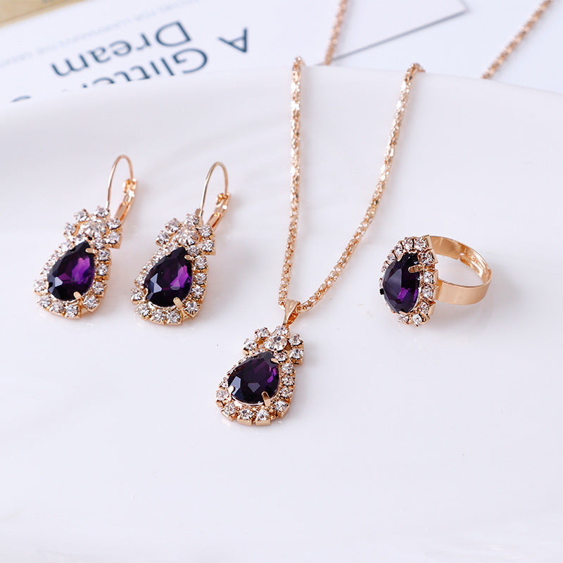 Water Drop Rhinestone Jewelry Set β Necklace, Earrings & Ring - Oria Jewel