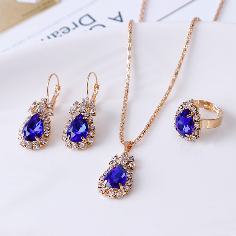 Water Drop Rhinestone Jewelry Set β Necklace, Earrings & Ring - Oria Jewel