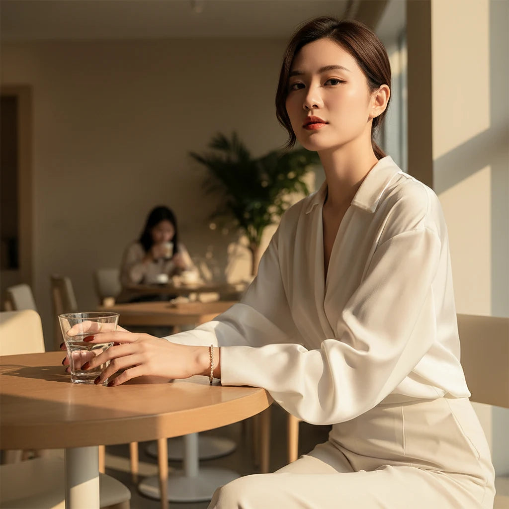 Sophisticated woman in a white blouse seated at a sunlit cafรฉ table, hand resting near a glass, subtly displaying the gold Aurelia Cluster Tennis Bracelet as an everyday elegant accent | Oria Jewel