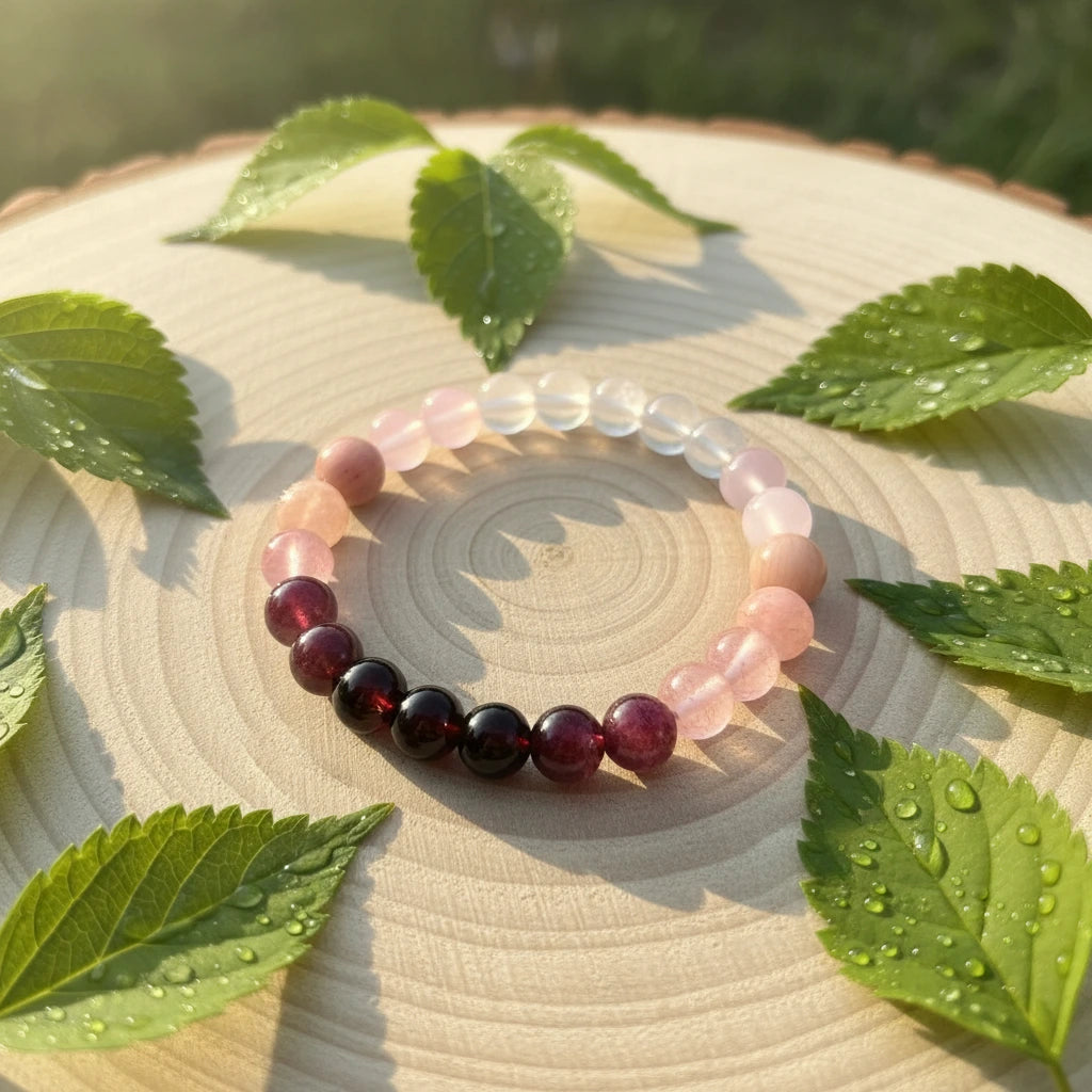 Aurora Healing Crystal Bracelet arranged on a wooden slice surrounded by dew-kissed green leaves in warm sunrise light, nature-inspired styling | Oria Jewel