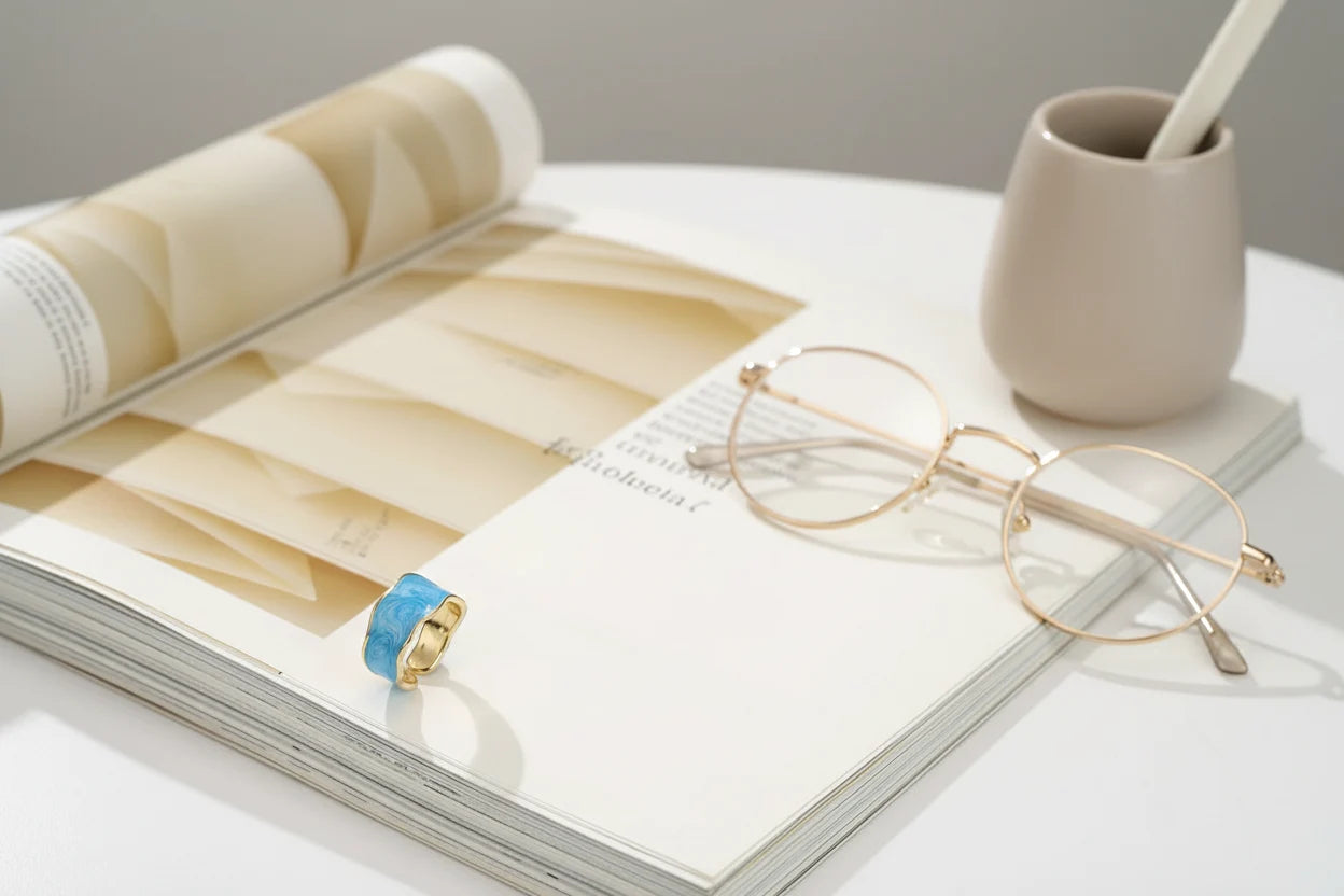 Blue Marble Open Wave Ring resting on an open magazine beside glasses and a minimalist pen cup | OriaJewel