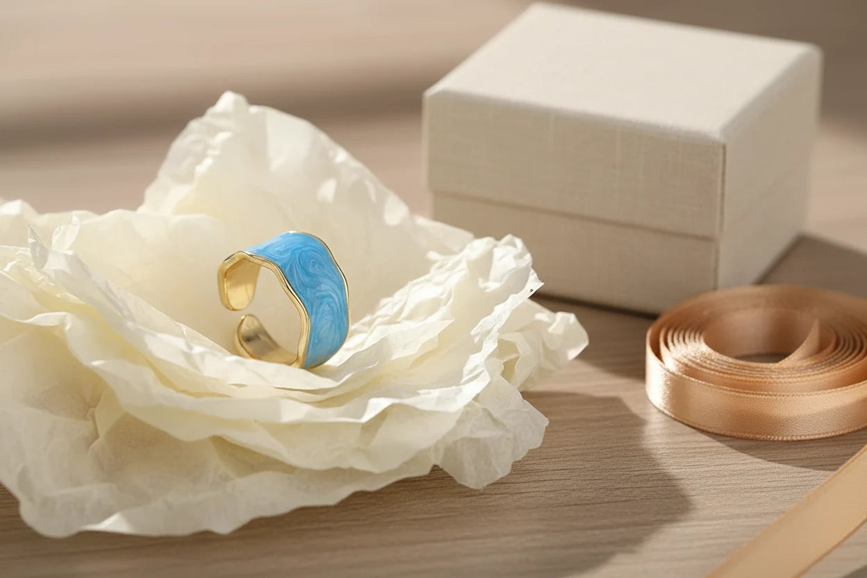 Blue Marble Open Wave Ring in a gift-style scene with a jewelry box and satin ribbon on wood table | OriaJewel