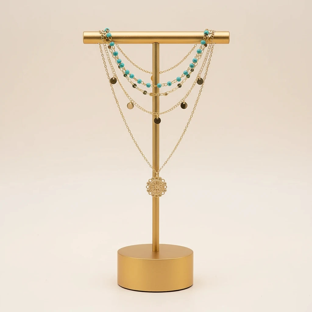 Boho Pendant Necklace Set displayed on a gold jewelry stand — elegant multi-layer design | Oria Jewel