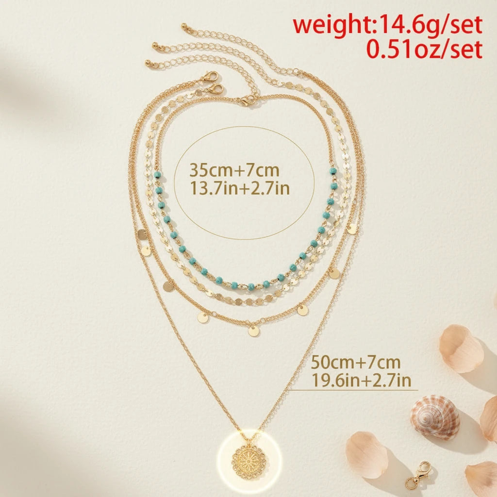 Measurement guide showing the Boho Pendant Necklace Set lengths in centimeters and inches | Oria Jewel