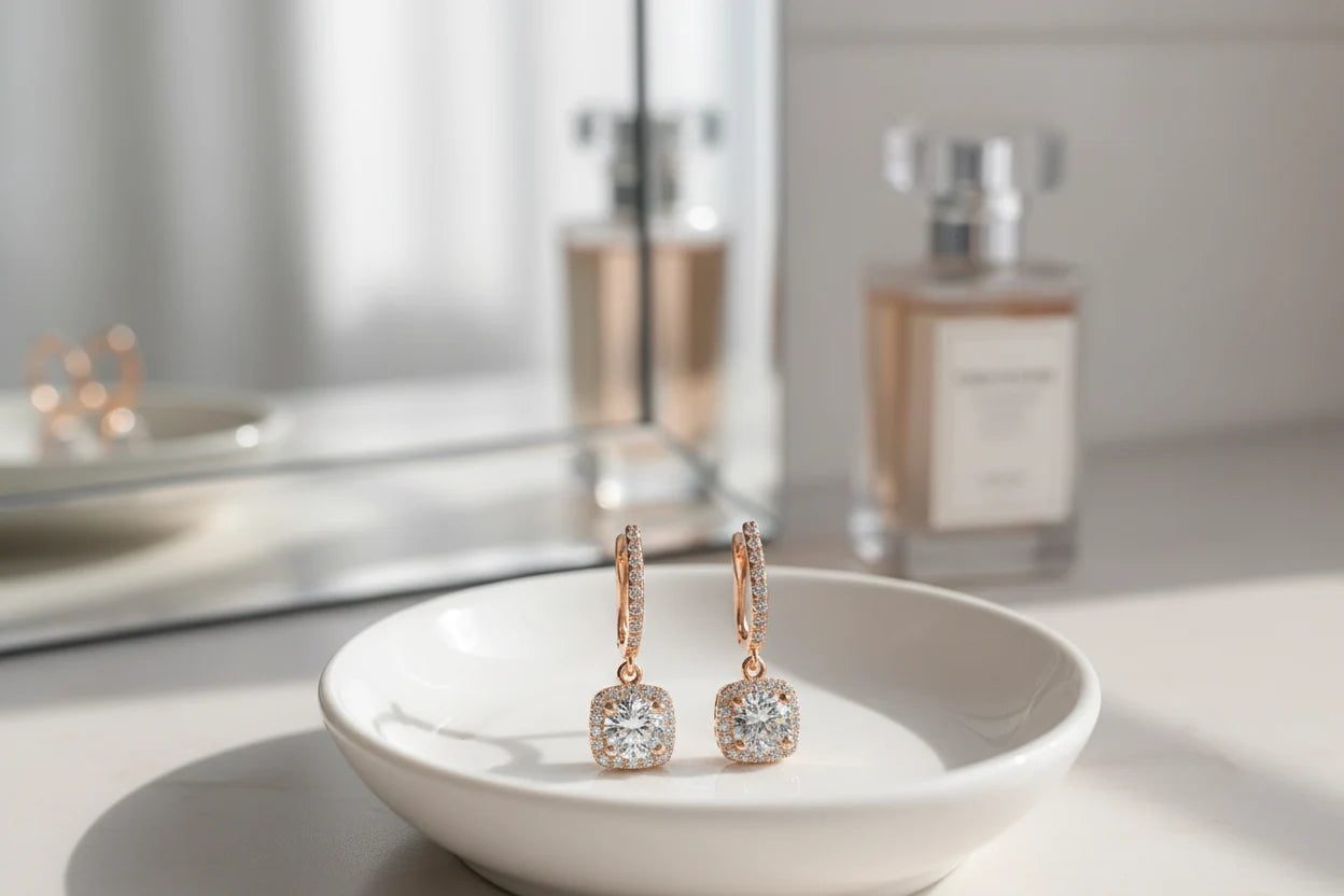 Bronze Crystal Drop Huggie Earrings on white dish with soft-focus perfume background | OriaJewel