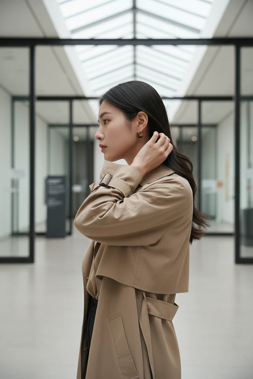 Brown Resin Huggie Hoop Earrings worn by model in modern hallway | OriaJewel