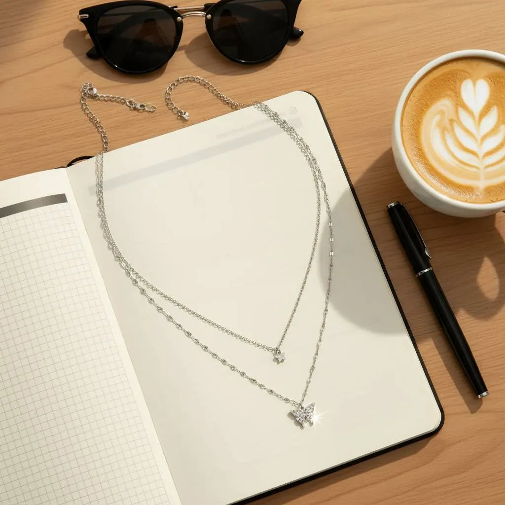 Silver Butterfly Layered Necklace laid out on an open notebook beside sunglasses, pen, and latte art coffee, styled as an everyday desk and cafรฉ accessory | Oria Jewel