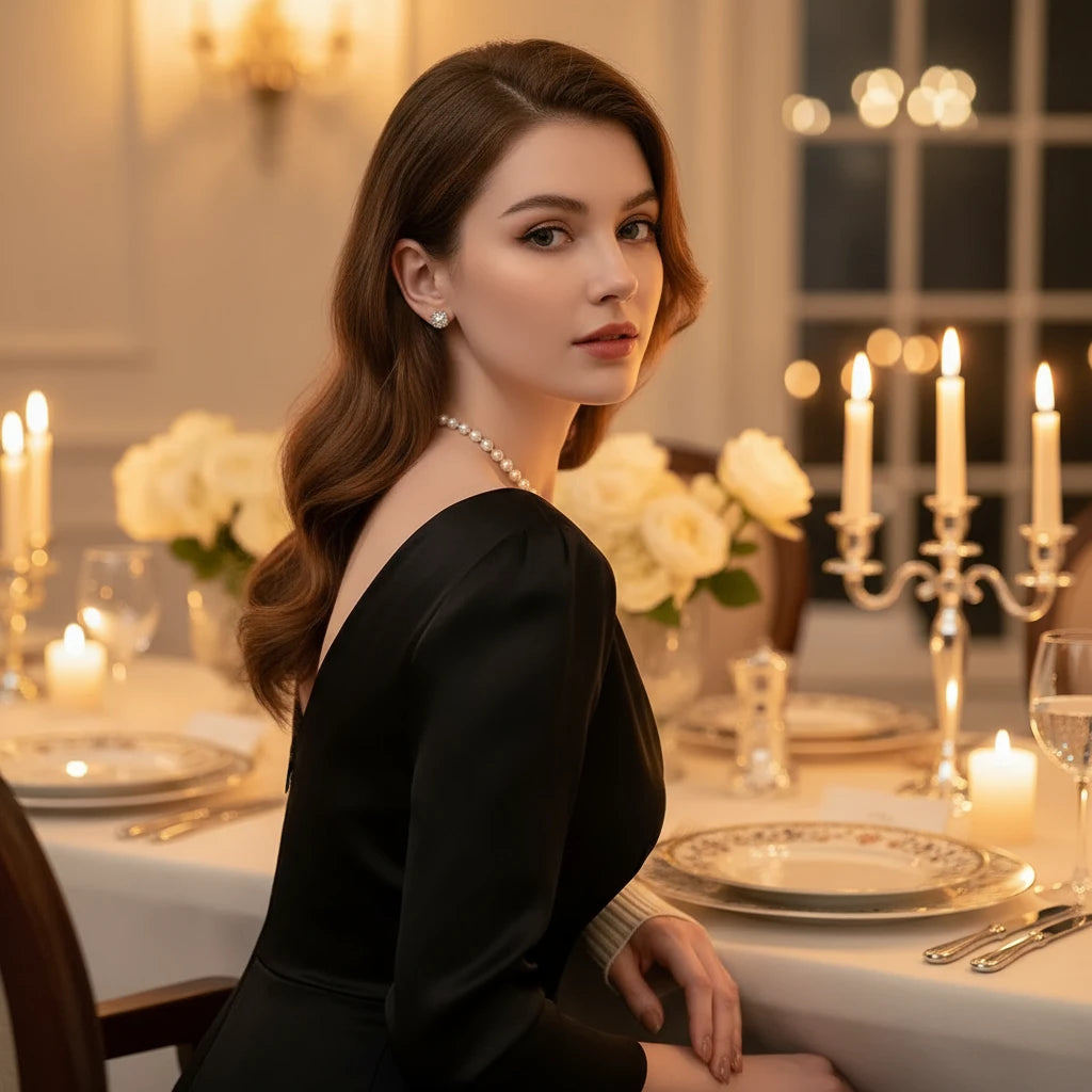 Chanel Pearl Heart Necklace paired with black evening dress during elegant candlelight dinner for a sophisticated look | Oria Jewel