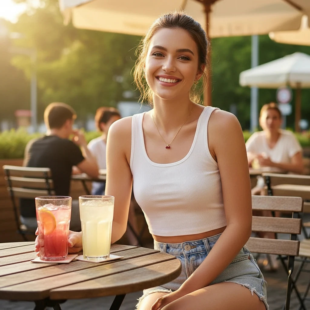 Cherry Pendant Necklace styled casually with white crop top and denim shorts, woman smiling outdoors at café in sunlight | Oria Jewel