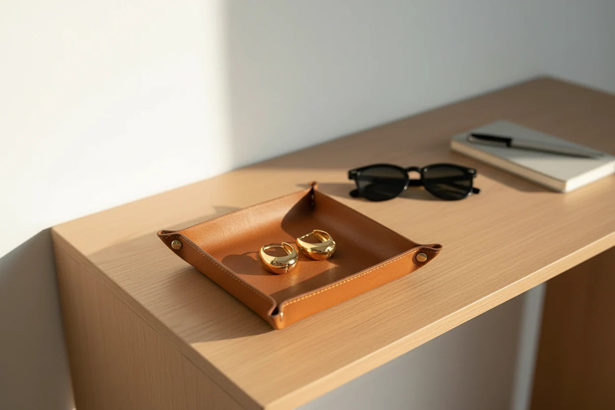 Chunky Gold Huggie Hoop Earrings on leather catchall tray on wooden desk | OriaJewel