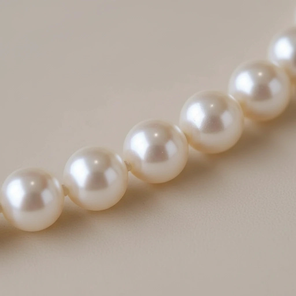 Macro shot of round pearls from the Classic Pearl Choker, highlighting luster and smooth texture | Oria Jewel