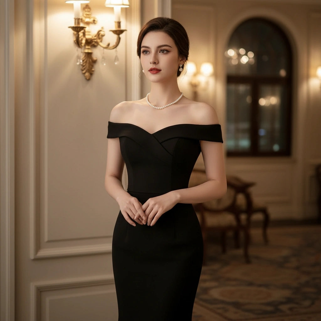 Elegant woman in a black off-shoulder gown wearing a Classic Pearl Choker โ perfect for formal evening occasions | Oria Jewel