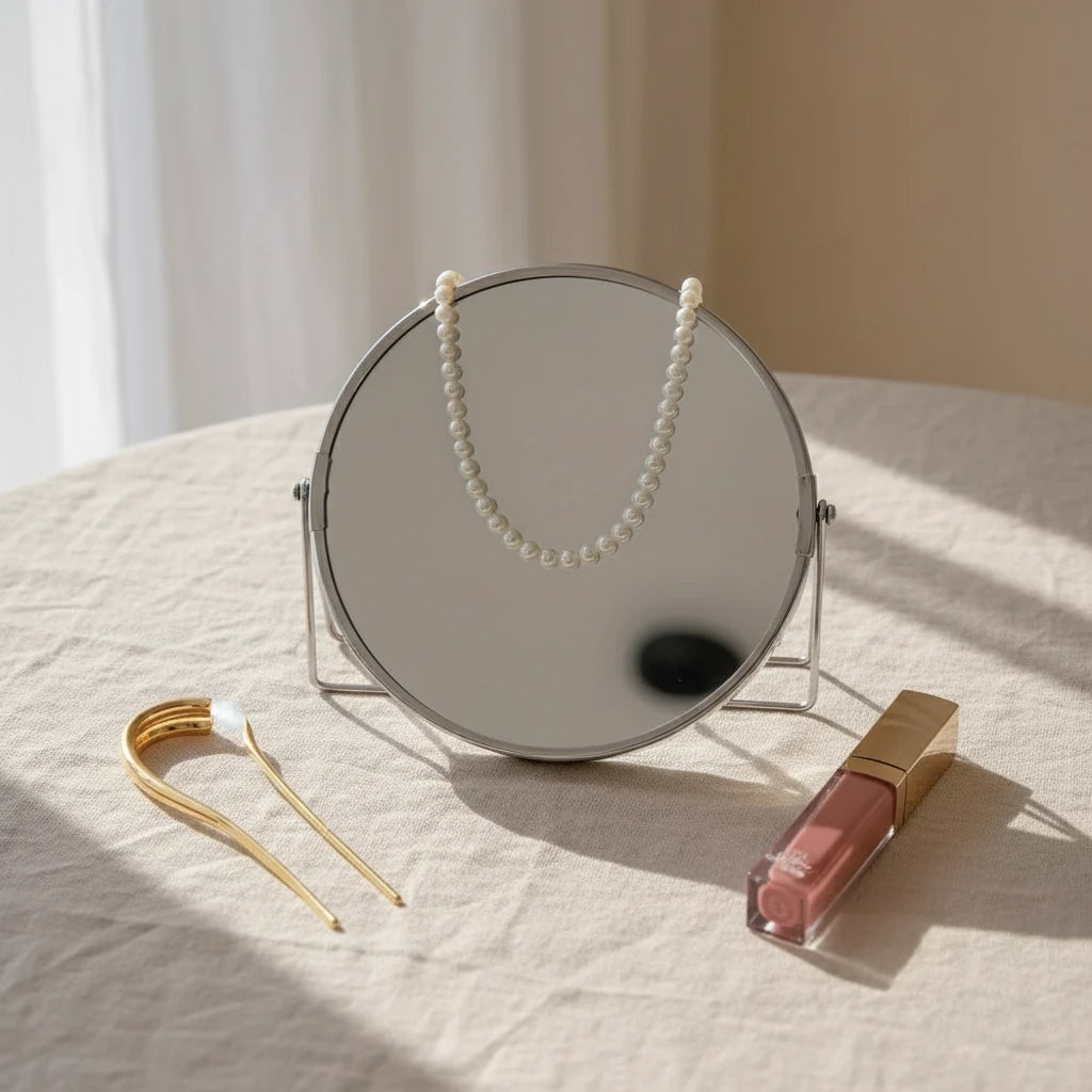 Classic Pearl Choker draped over a round vanity mirror beside gold hairpin and lip gloss โ feminine morning routine vibe | Oria Jewel