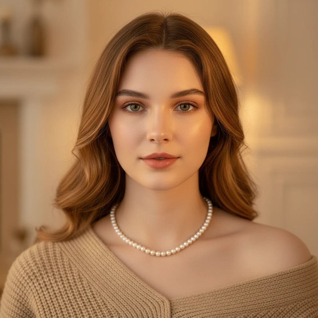 Woman wearing a Classic Pearl Choker with a beige knit sweater in a softly lit room β elegant and timeless look | Oria Jewel