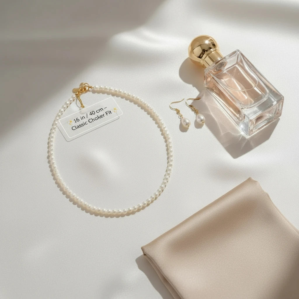 Flat-lay of Classic Pearl Choker with tag showing 16 in / 40 cm classic choker fit, displayed beside perfume, pearl earrings, and silk fabric | Oria Jewel