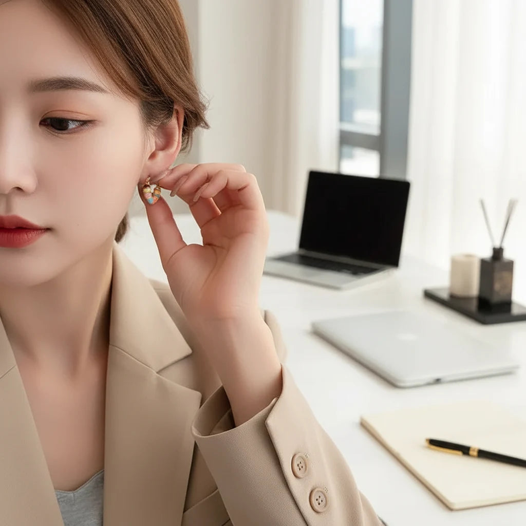 Colorful Heart Huggie Hoop Earrings worn on model at office desk | OriaJewel