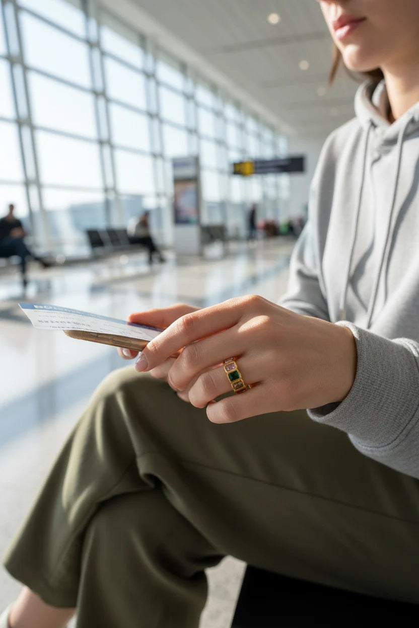 Traveler holding a boarding pass at the airport wearing a Colorful stone band ring with multicolor stones | OriaJewel
