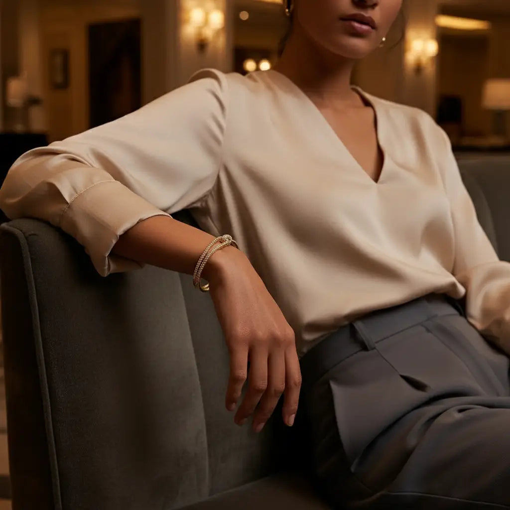 Elegant woman in a silky beige blouse relaxing on a sofa, showcasing the sparkling gold Crystal Knot Cuff Bracelet on her wrist | Oria jewel