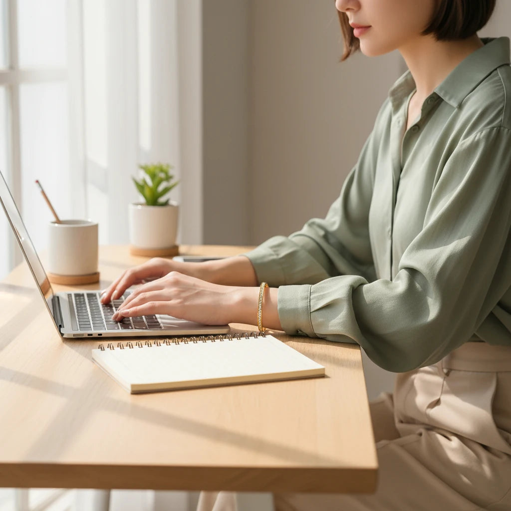 Woman typing on a laptop at a bright wooden desk, wearing the Crystal Line Gold Bangle on her wrist, the delicate row of crystals catching the natural light and giving a professional yet feminine touch to her everyday office look | Oria Jewel