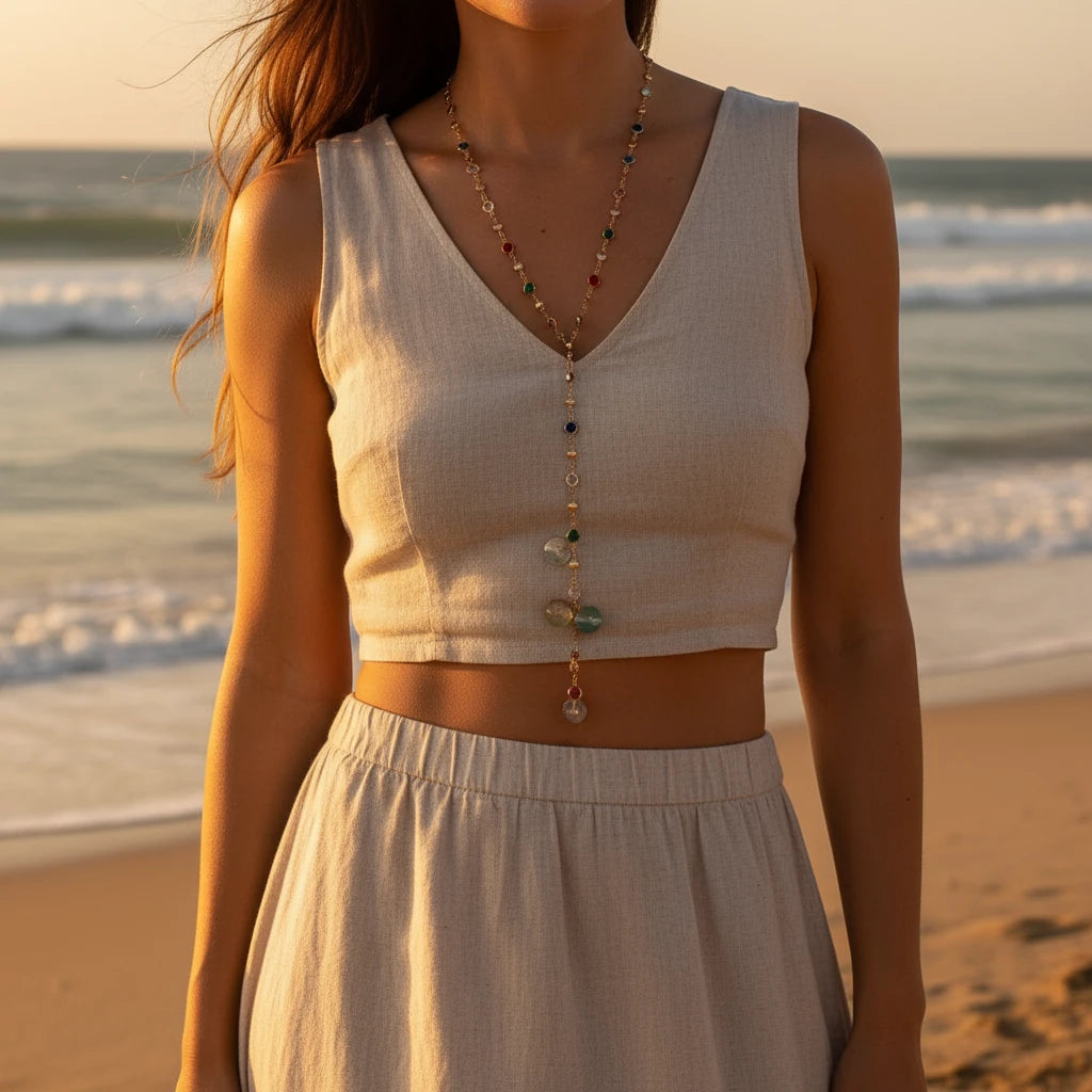 Model wearing a casual outfit featuring a Crystal Y Necklace on the beach at sunset | Oria Jewel