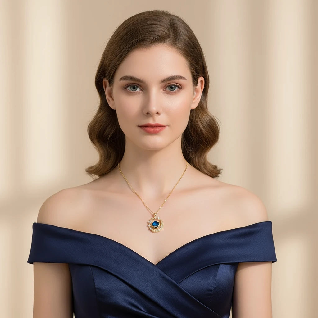 Cute Matching Couples Necklaces worn by a model in an elegant off-shoulder dress, showcasing a gold pendant | Oria Jewel