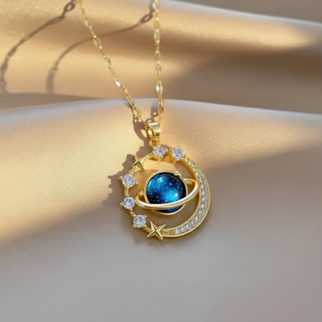 Cute Matching Couples Necklaces featuring a gold planet and star pendant with sparkly accents on a delicate chain | Oria Jewel