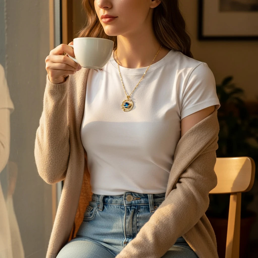 Cute Matching Couples Necklaces worn by a woman holding a cup, showcasing style and elegance | Oria Jewel