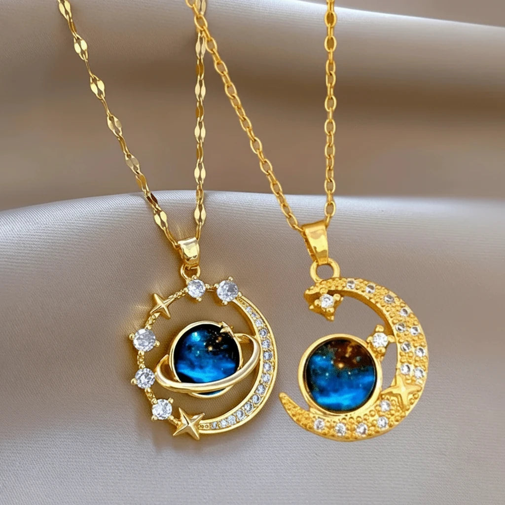 Cute Matching Couples Necklaces featuring golden pendants with moon and star designs and colorful cosmic centers | Oria Jewel