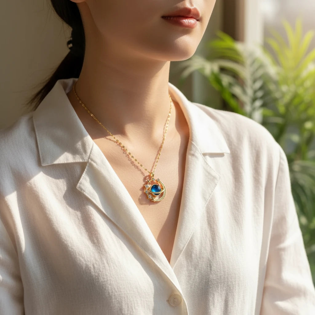 Cute Matching Couples Necklaces showcased on a model wearing a stylish white blouse and vibrant pendant | Oria Jewel