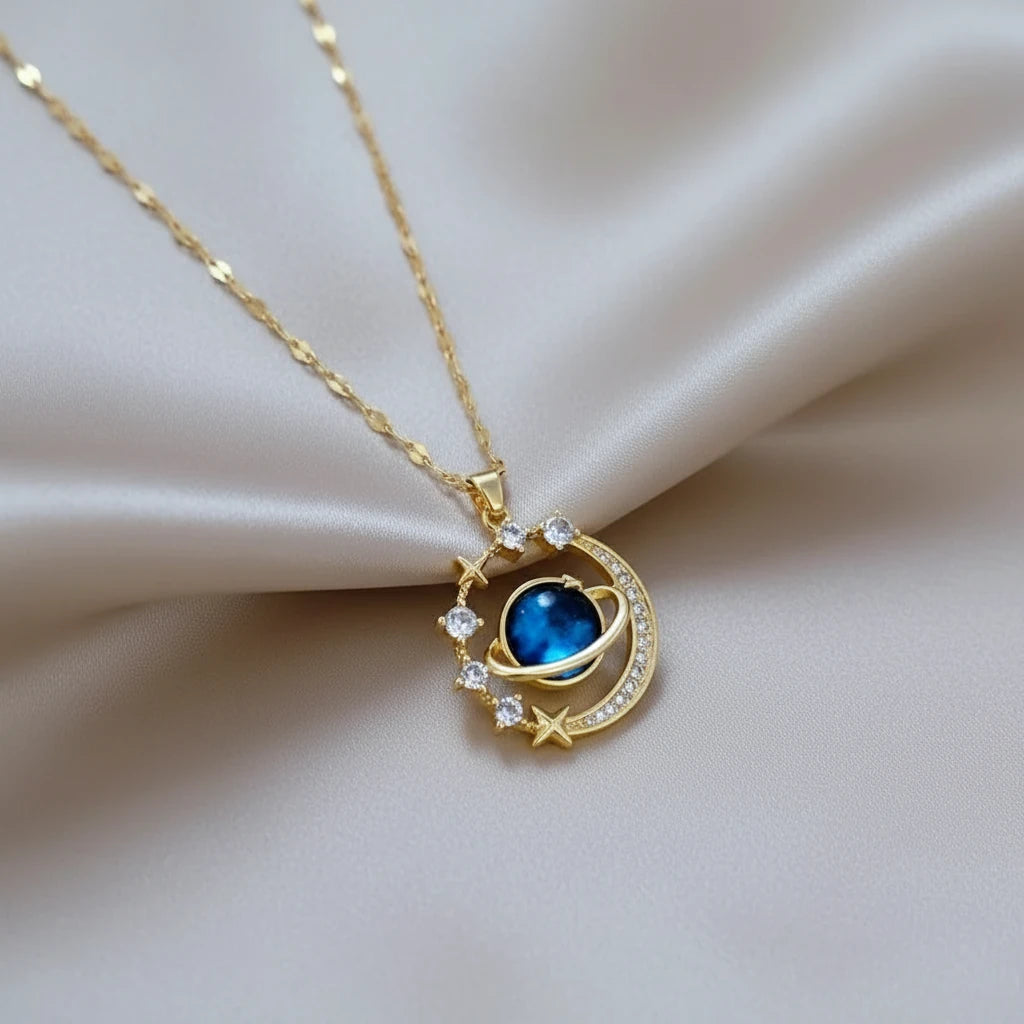 Cute Matching Couples Necklaces featuring a celestial design with a blue gemstone and star accents | Oria Jewel