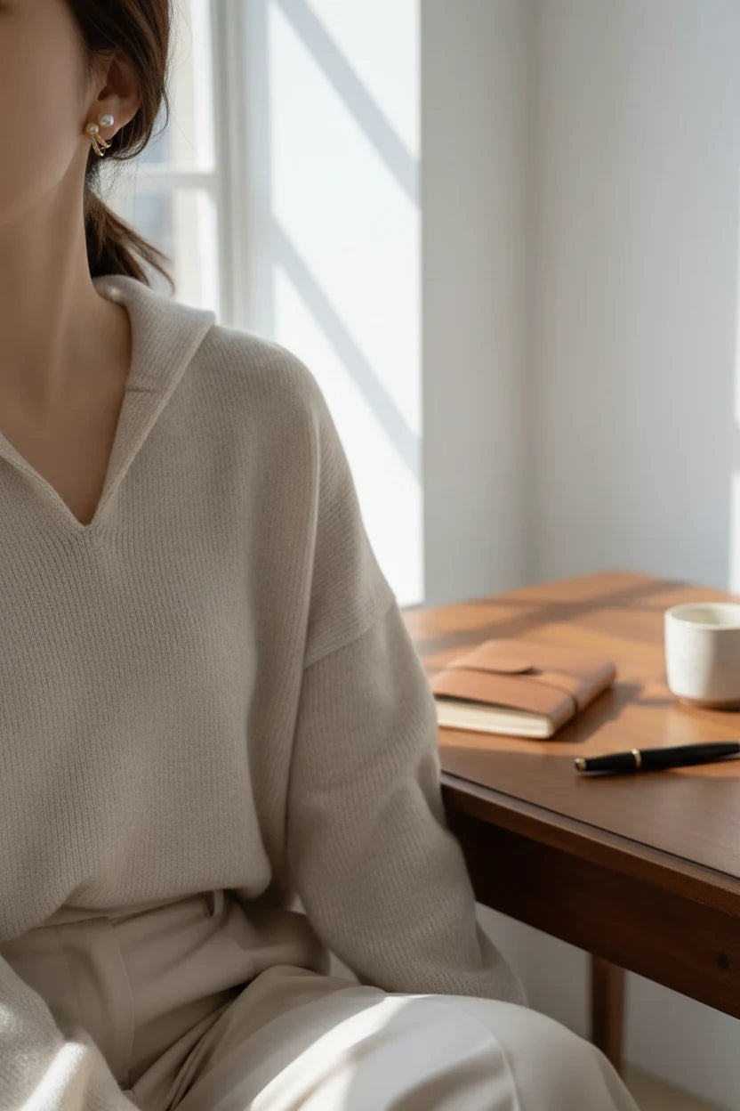 Double Pearl Huggie Hoop Earrings worn by model at desk by window | OriaJewel