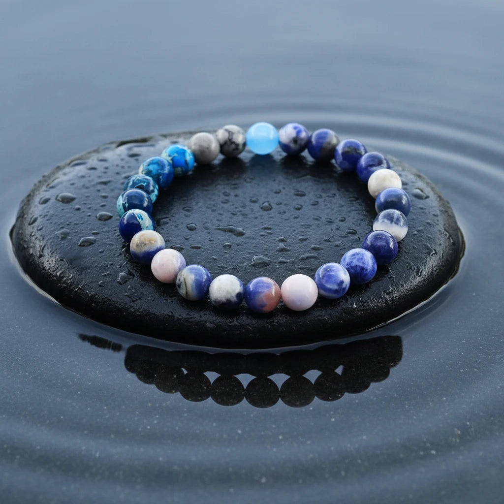 Earth Energy Crystal Bracelet resting on wet black stone surrounded by rippling water | Oria Jewel