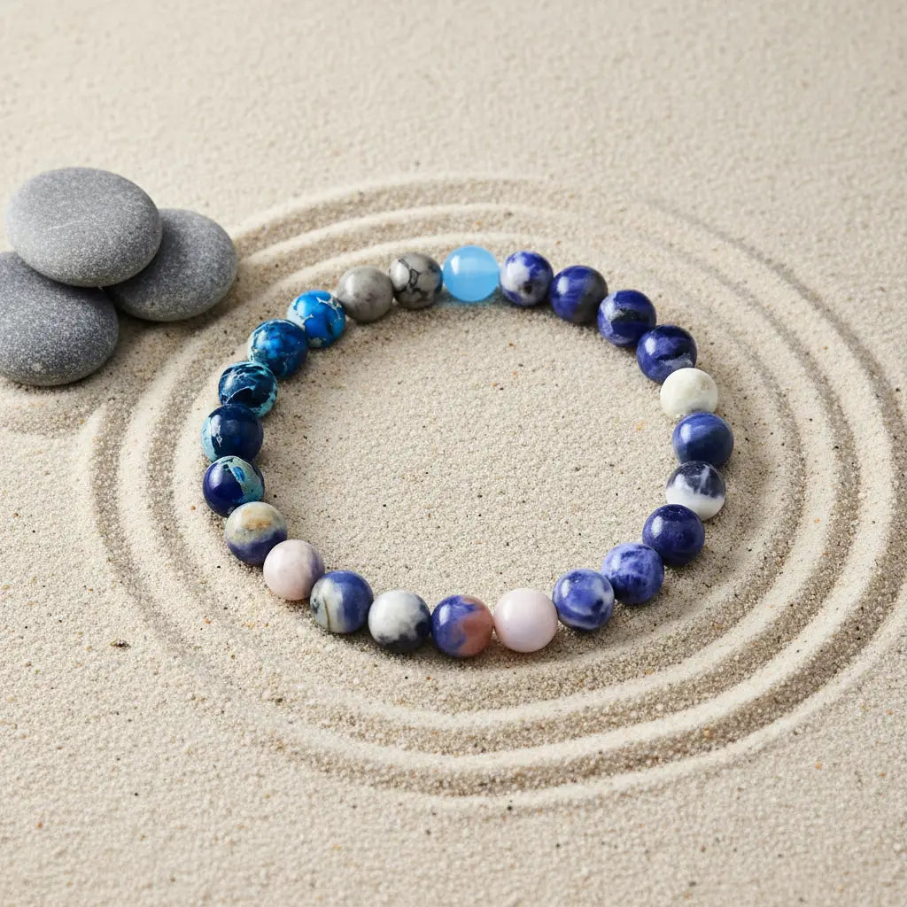 Earth Energy Crystal Bracelet lying on Zen sand with raked circular lines and pebbles | Oria Jewel