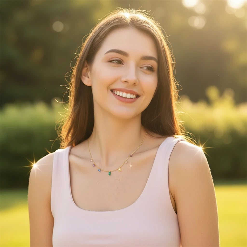 Model smiling in sunlight wearing Elegant Zircon Necklace — radiant and graceful outdoor style | Oria Jewel