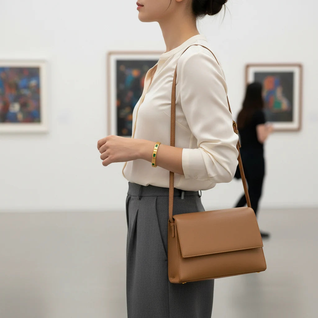 Side view of a woman in a cream blouse and gray trousers touring an art gallery, wearing a sleek Emerald Gold Hinged Bangle on her wrist with a tan crossbody bag | Oria Jewel
