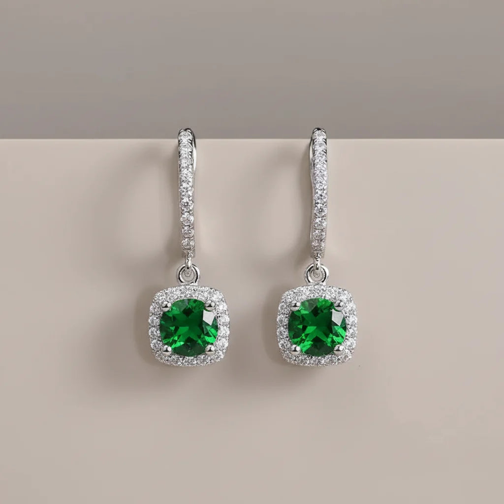 Emerald Green Drop Huggie Earrings close-up front view with halo drop stones | OriaJewel