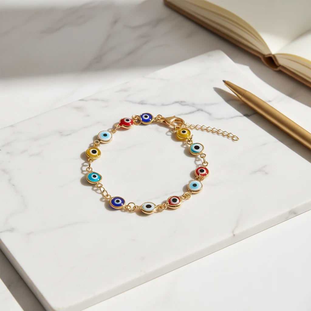 Overhead shot of the Evil Eye Charm Bracelet resting on a white marble surface beside a notebook and gold pen, the multicolored eye charms forming a neat circle that highlights its protective, modern design | Oria Jewel