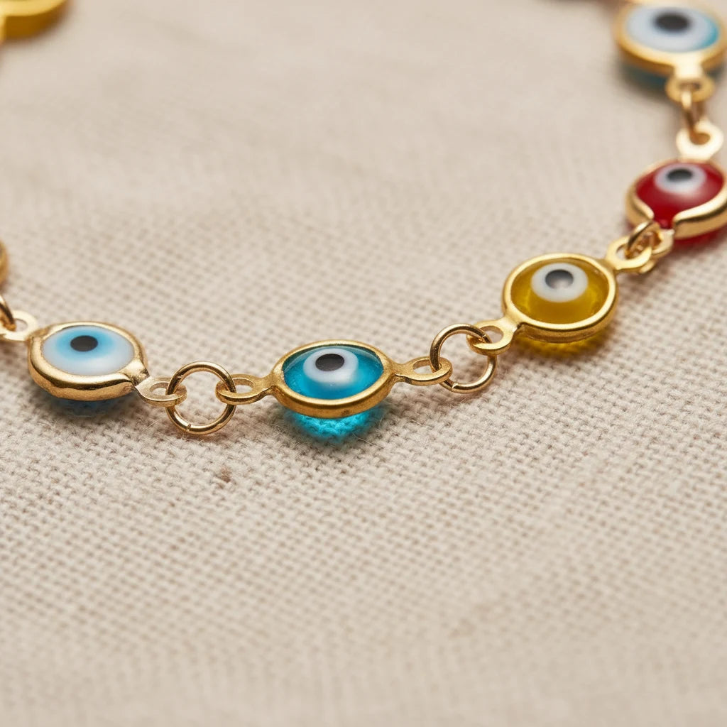 Macro detail of the Evil Eye Charm Bracelet on a neutral fabric background, focusing on the glossy turquoise and yellow evil eye beads and fine gold links that give the bracelet its delicate, boho-chic character | Oria Jewel