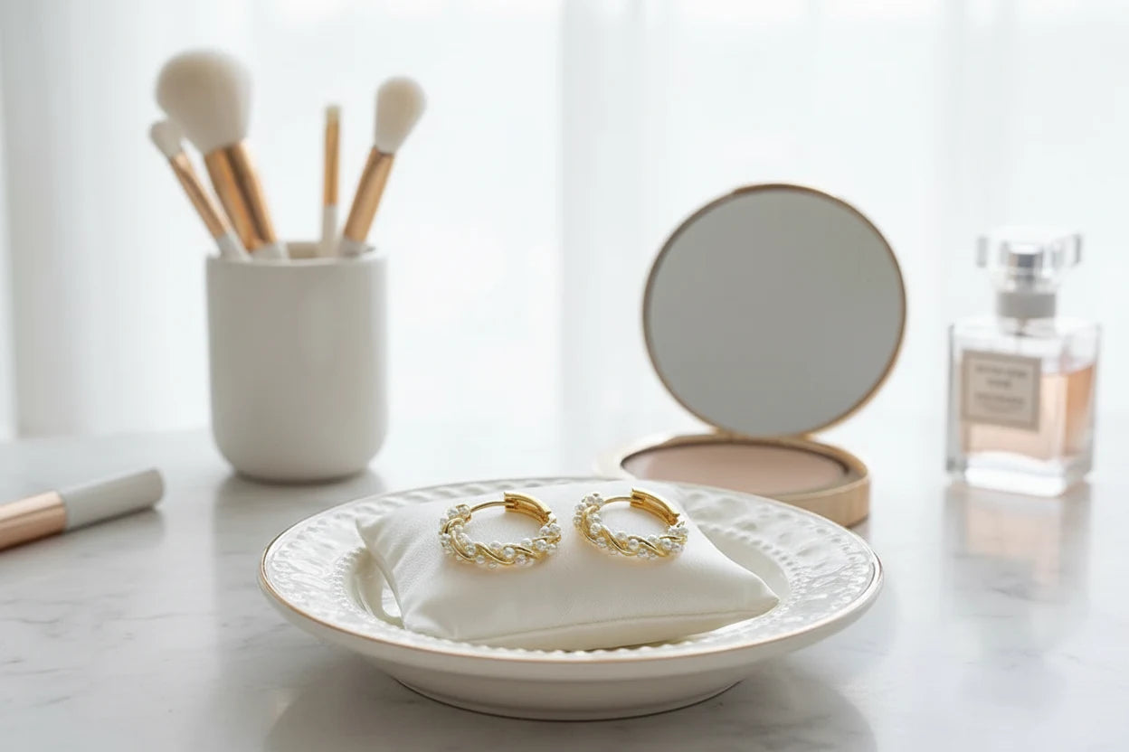 Freshwater Pearl Hoop Earrings on vanity tray with makeup items | OriaJewel