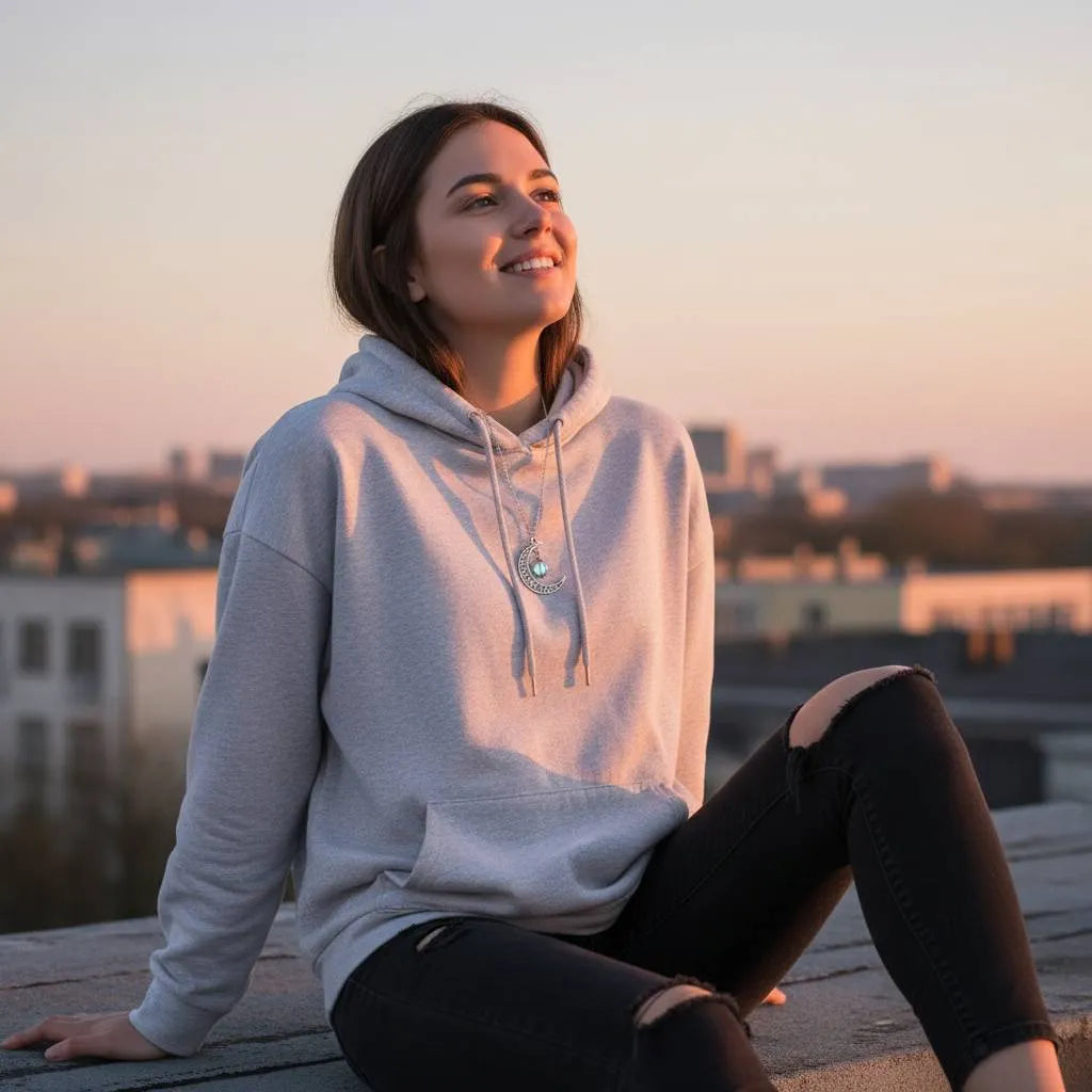 Smiling young woman in grey hoodie and ripped jeans on rooftop at sunset, wearing bright turquoise Glowing Moon Locket necklace | Oria Jewel