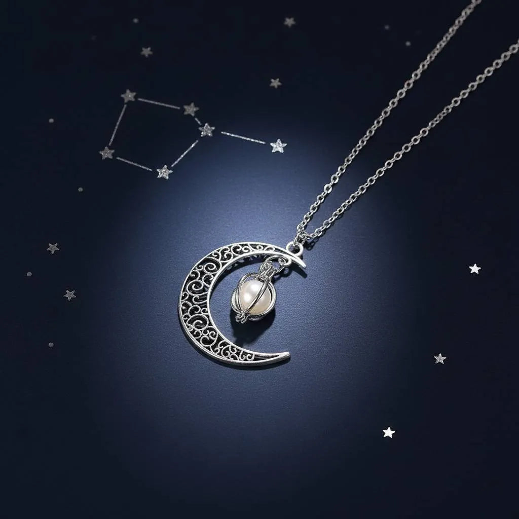 Glowing Moon Locket necklace laid on deep blue starry background with constellation pattern, emphasizing celestial theme | Oria Jewel