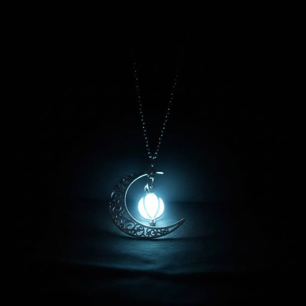 Close-up of single Glowing Moon Locket shining with intense white-blue light in total darkness, highlighting crescent silhouette | Oria Jewel