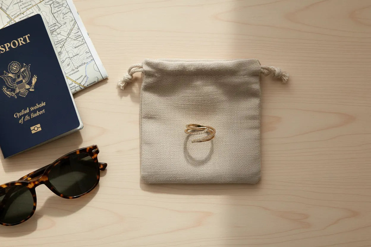 Travel-inspired flat lay showing the Gold CZ Wrap Ring resting on a beige drawstring pouch, styled with a passport, map, and sunglasses on a light wood table in warm daylight | OriaJewel
