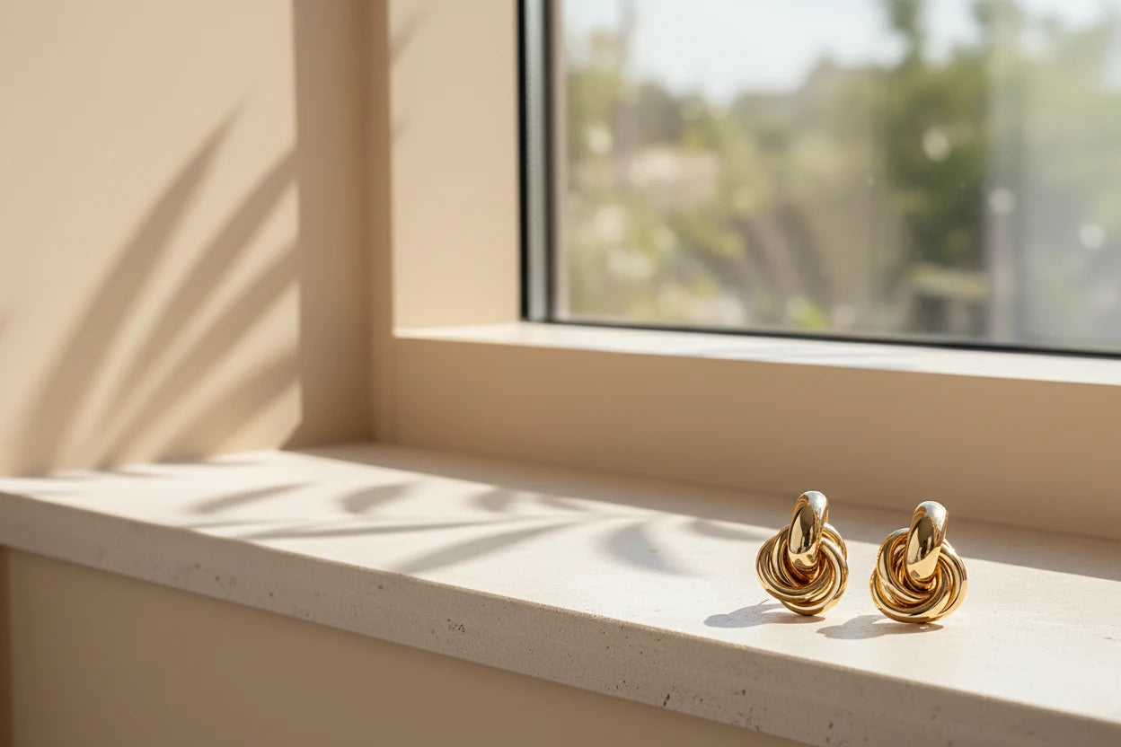 Gold Chunky Knot Stud Earrings on sunlit windowsill minimalist shot | OriaJewel