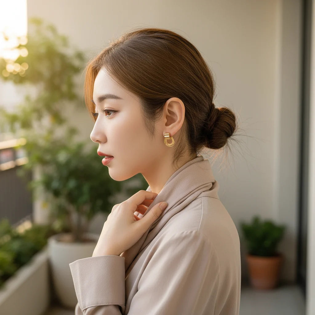 Gold Circle Drop Stud Earrings worn on model outdoors in warm light | OriaJewel