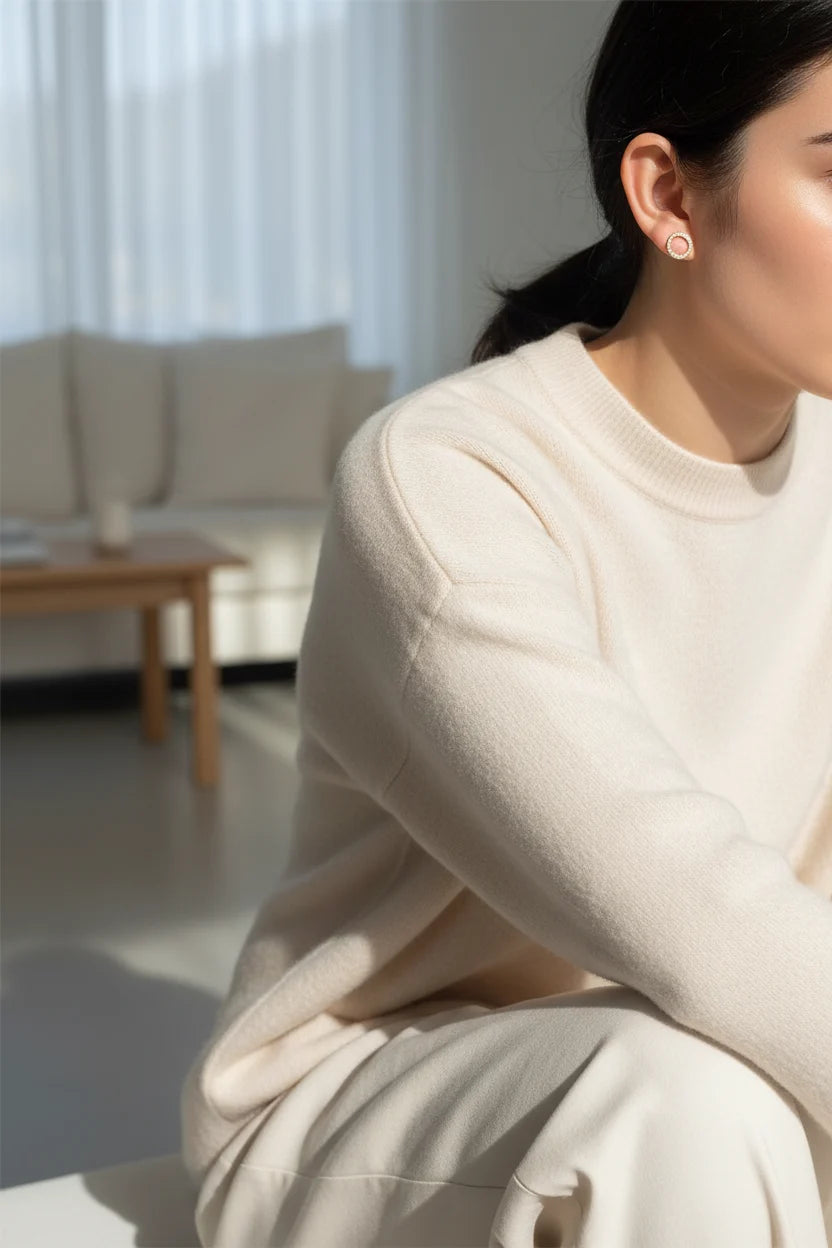 Gold Circle Stud Earrings worn on model in soft indoor light close-up | OriaJewel
